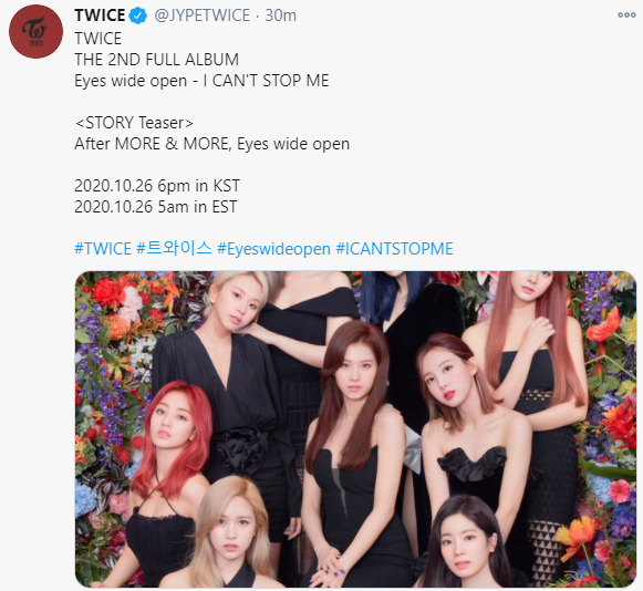 SubjectKpop's tweet photo. "Story version expresses the view of the world that continues from 9th mini-album"

"After MORE &amp; MORE, Eyes wide open"

TWICE with the same exact position, one bright and one dark themed outfit

🧐🤯 @JYPETWICE 

#TWICE #트와이스 #EyesWideOpen #ICANTSTOPME https://t.co/bJsqRKJgHH