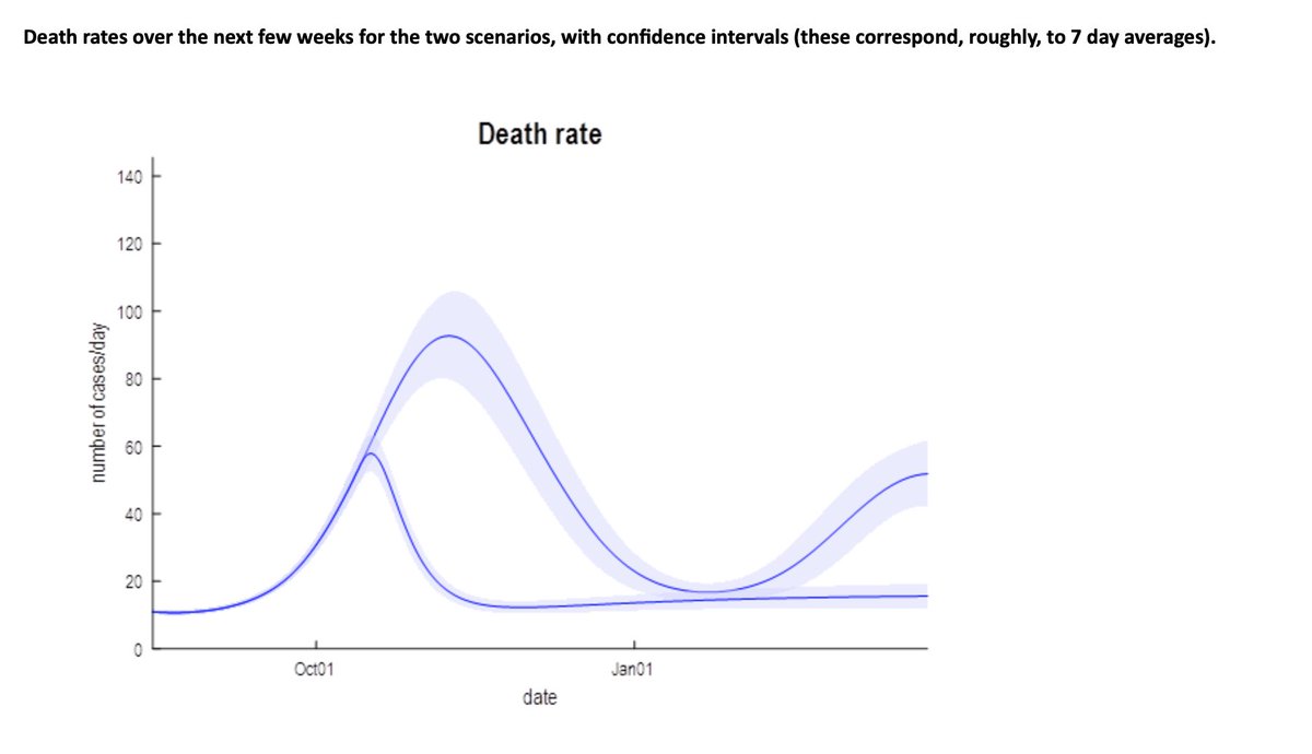Karl Friston has modelled future deaths based on latest data. The two sets of lines correspond to projections under current levels of contact tracing and isolation with and without a circuit break from tomorrow, lasting for 14 days. Other models project higher death rates. (6)