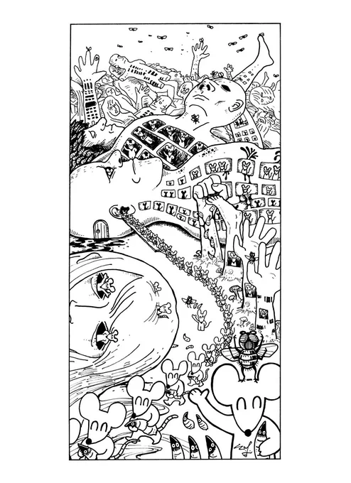「Sapiens」
#ヘッズ一次創作 アンソロに寄稿したペン画です

メガロシティがテーマだったので、屍肉食動物が高い知能を持った世界で、人体を加工して集合住宅や都市群を作ったり宇宙船を作ったり、みたいなイメージで描きました 