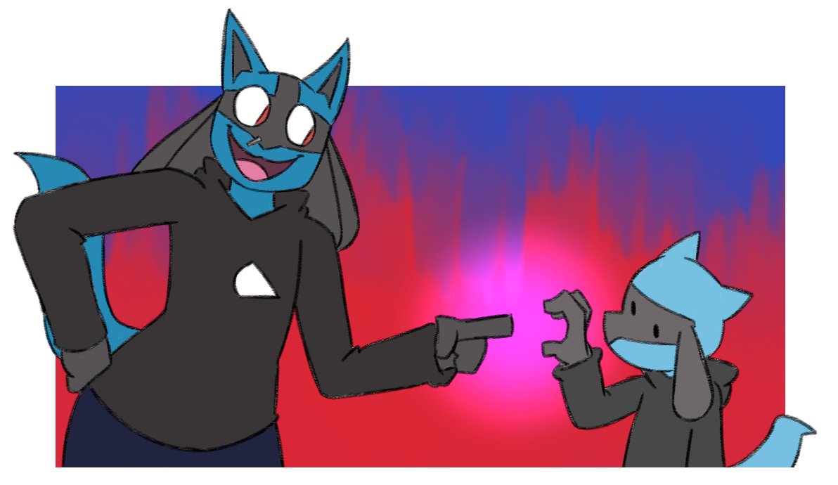 Right here is a dynamic duo, Axel the Lucario, and Tyler the Riolu! Axel's 22, and Tyler's 20. Axel is basically a bigger brother to Tyler, and treats him as such, with tons of loving pranks. And poor Tyler has to deal with it because he's a late bloomer and hasn't evolved yet.