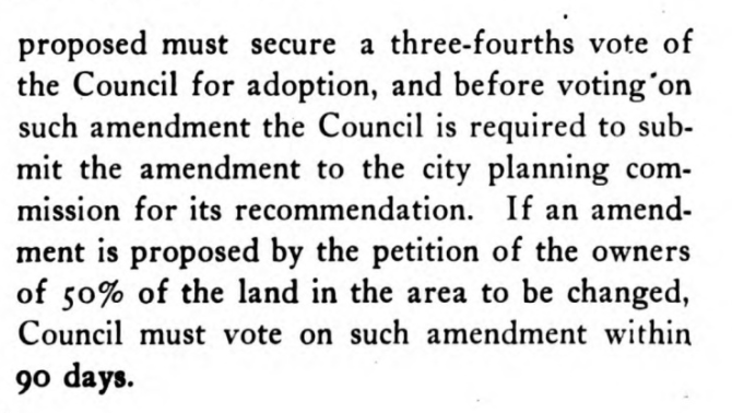 Whitten proposes that amending racial zoning should be difficult, requiring 3/4 support on Council, but offers a 90 day deadline for action if the amendment is supported by 50% of land owners.