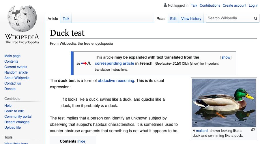 Here is the idea behind Duck Typing:If it looks like a duck, swims like a duck, and quacks like a duck, then it probably is a duck.Taking this to Python's world, the functionality of an object is more important than its type. If the object quacks, then it's a duck.