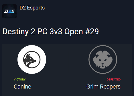 Congratulations to the winners of the #Destiny2 3v3 Tournament #29 on PC 🏆

<a href="/CanineK9Gaming/">Canine</a>
🥇@velmK9
🥇<a href="/shyrealm/">Shy</a>
🥇@adv1sed

Also congratulations to the runner-ups

🥈<a href="/yPantho/">Pantho</a>
🥈@WyvernK9
🥈<a href="/leclear_/">clear</a>