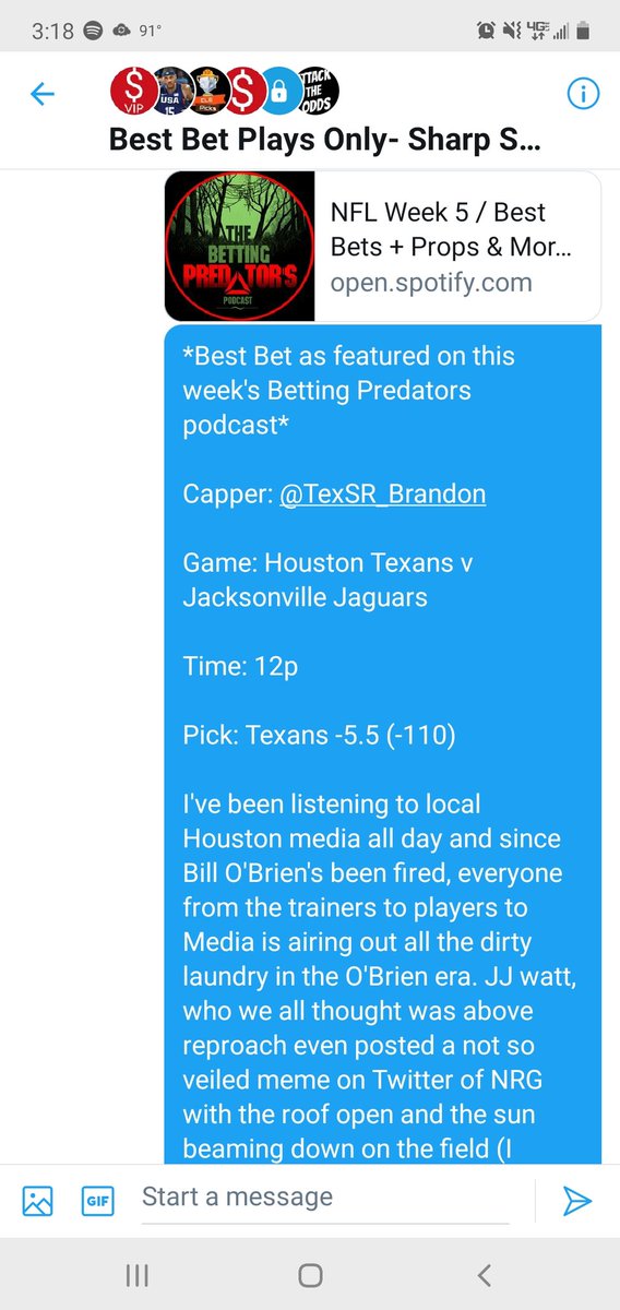 BC_Houston1's tweet photo. βCash my Best Sunday Bet!β
Big thanks to @SleepyJ_Pregame and the #BettingPredators for the opportunity and exposure. And to #DanThaMan @DanRivera228 for the daily brainstorm seshes. #SharpSquad picks are now 5-1-1 on the pod! Looking forward to next week π» https://t.co/Z1ahtia7HK