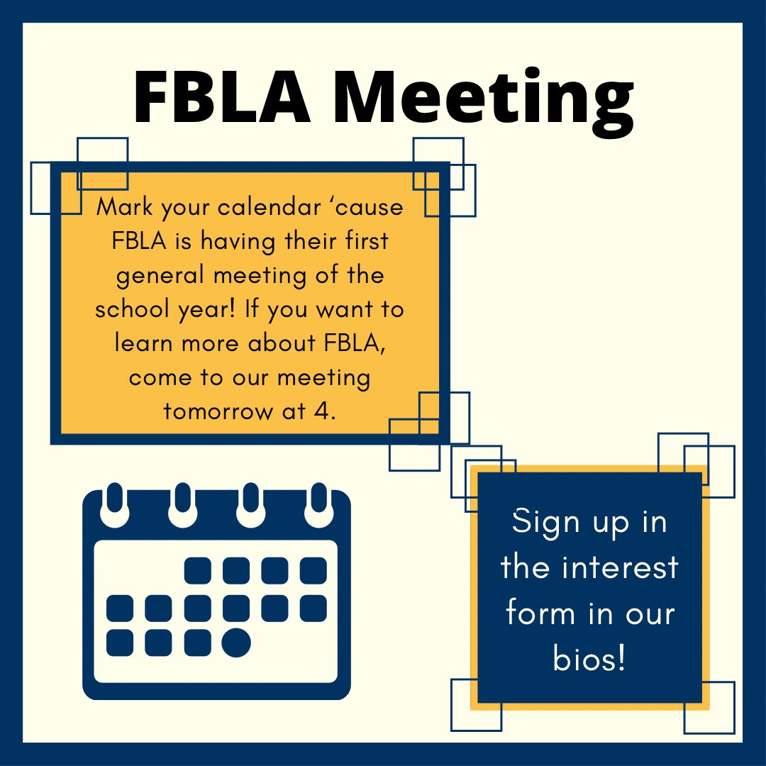mlec_fbla's tweet photo. Hey! FBLA is having their first general meeting of the school year! If you or someone you know is interested in learning about FBLA and meeting their officers, come attend our meeting tomorrow at 4 EST. The interest form is in the bio of FBLA social media’s accounts. Sign up! https://t.co/Ynl6CJZ7J0