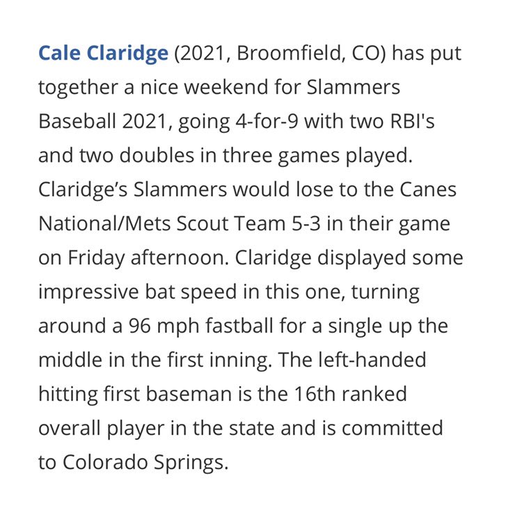 <a href="/CaleClaridge/">Cale Claridge</a> is having a great tournament on the game’s biggest stage, the Perfect Game World Championships. Story from the PG staff on Cale yesterday. <a href="/jjenkins_jeff/">Slammers Baseball</a> <a href="/OfficialLegac16/">Official Legacy Lightning HS Baseball</a> <a href="/UCCSBaseball/">UCCS Baseball</a> <a href="/SlammersNorth/">Slammers North</a>