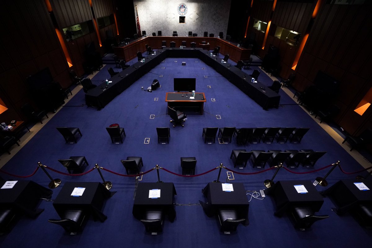 an overhead shot of the setup for the amy coney barrett hearing