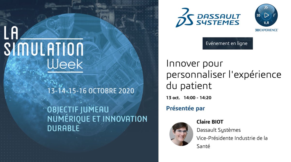 jeromeleleu's tweet photo. Veille #Esanté : Dassault Systèmes commence ce 13 octobre une " #Simulation Week " avec un webinar sur les applications en santé "Innover pour personnaliser l'expérience du #patient" avec Claire Biot VP Industrie de la #Santé
📌 https://t.co/oLDlkA1mx4 #hcsmeufr #LaSIMULATIONWEEK https://t.co/w2NMI0Vmav