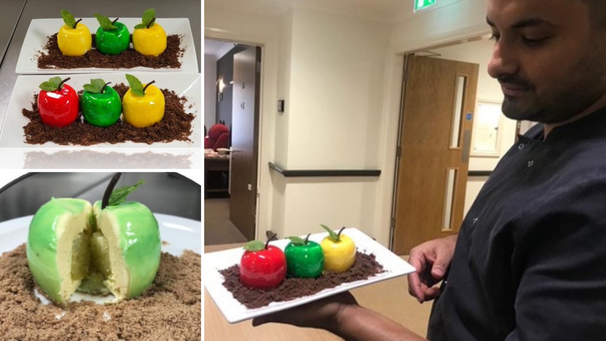 GracewellHealth's tweet photo. Ajaya, Head Chef at #GracewellofWoking, submitted his quirky entry for the Amazing Apple competition!  🍎🍏 He likes to experiment &amp; made this jelly-centre mousse with glaze, taking inspiration from residents' favourite apple dishes.

For more info → https://t.co/XjpOtbfrl5 https://t.co/TKFlqDQyXg