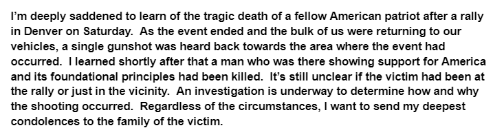 Separately,  @JohnTiegen just shared this statement. He says that the bulk of his group was leaving and heard the gunshot behind them. He says he doesn't know whether the victim had attended his rally.