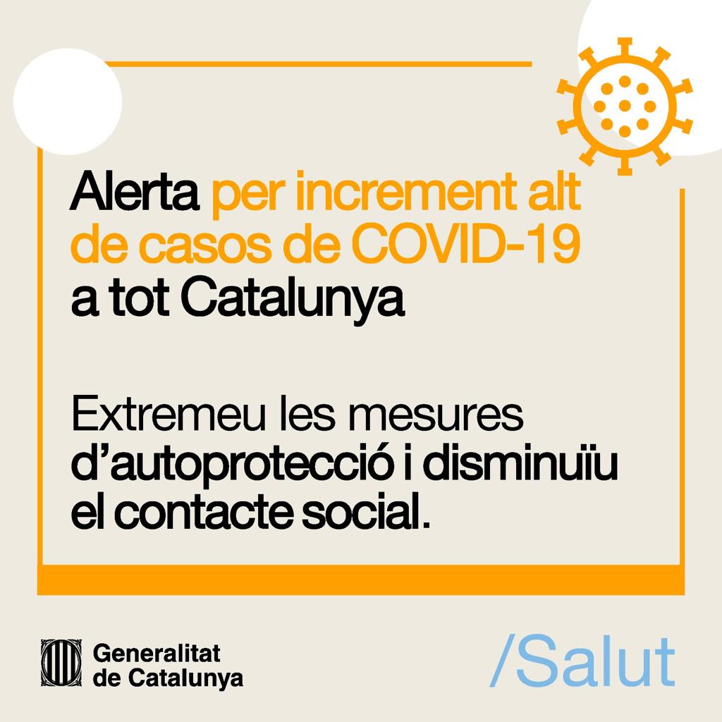 Salut (@salutcat) on Twitter photo ❗📢 A causa de l'alt increment de casos COVID-19 a Catalunya es fa una crida a la ciutadania i empreses a no abaixar la guàrdia per evitar arribar a una situació crítica en els pròxims dies. ❗📢 A causa de l'alt increment de casos COVID-19 a Catalunya es fa una crida a la ciutadania i empreses a no abaixar la guàrdia per evitar arribar a una situació crítica en els pròxims dies.
