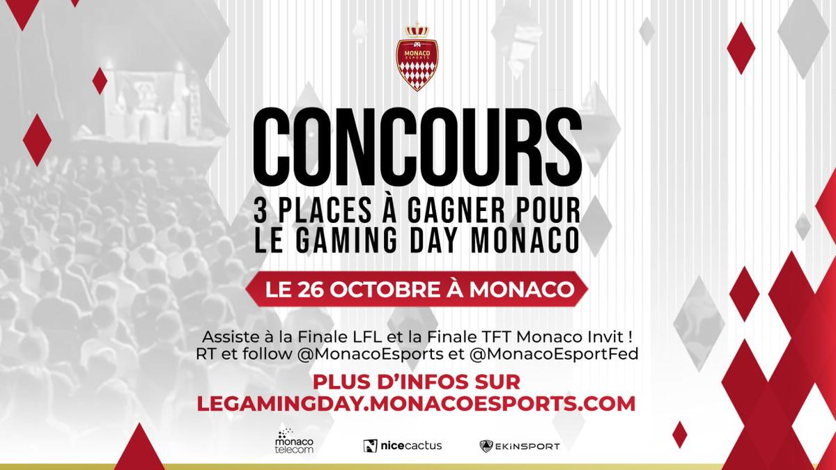 MonacoEsports's tweet photo. À 15 jours de l'évènement " Gaming Day " au Grimaldi Forum de Monaco 🍀

On vous propose de remporter 3 places pour les Finales LFL LOL, TFT et le Showgame de stars 😘

Pour Participer : 

✔️RT + Follow @MonacoEsports
+ @MonacoEsportFed
✔️ Mentionne 2 Amis !

Bonne chance ! 🍀 https://t.co/6EFuEzKkO7