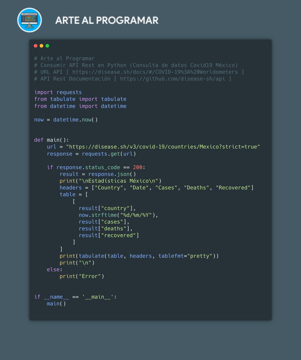 arteaprogramar's tweet photo. Consuming #RESTAPIs with #Python
#Mexico #COVID__19 estadísticas
#ArteAlProgramar
#Linux #100DaysOfCode #Developer #Coding #Programming #Programmer #code #Technology #Coder #Software #Codinglife #ProgrammingLife #Hacking #Computer #WomenWhoCode #bash #script #gnulinux #ubuntu https://t.co/yc2Pc07uNo