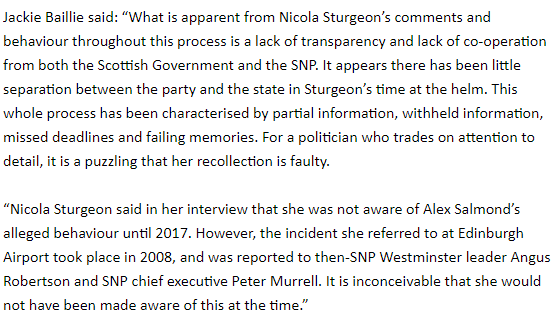 Scottish Labour dep leader  @jackiebmsp says Ms Sturgeon’s behaviour shows "a lack of transparency and lack of co-operation from both the Scottish Government and the SNP", and "It appears there has been little separation between the party and the state"