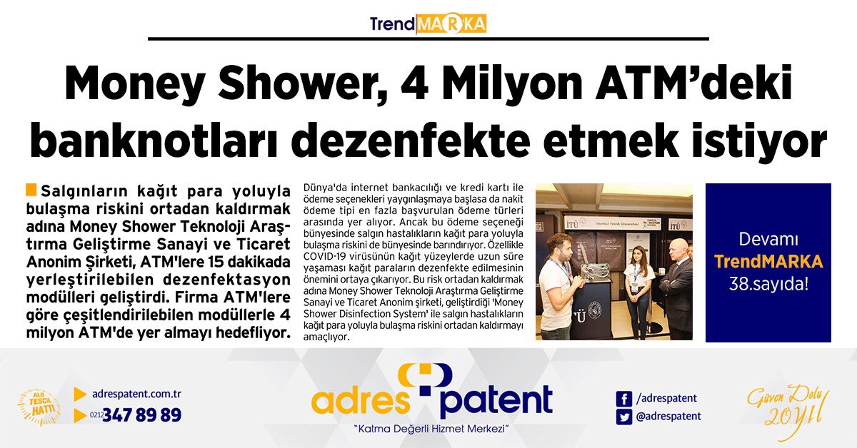 deryakilic7's tweet photo. Adres Patent tarafından başvurusu yapılan ATM’deki banknotları dezenfekte eden modül patentinin #trendmarka gazetemizdeki haberi tebrikler ...Bogazici Tto 🇹🇷🇹🇷🇹🇷👏👏👏👏
T.C. Sanayi ve Teknoloji Bakanlığı https://t.co/Y9suzAkaD2