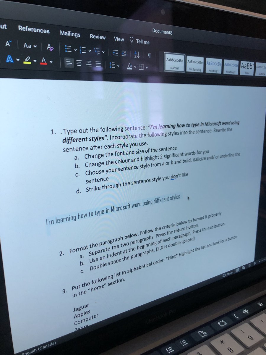 HannsOnLearning's tweet photo. My mom and I went through the first two sections of our Microsoft outline. Typing and formatting. The worksheet incorporated all the components that we listed from our outline like changing font and font size and putting a list in alphabetical order!! ✨ https://t.co/oD4wGBObMf