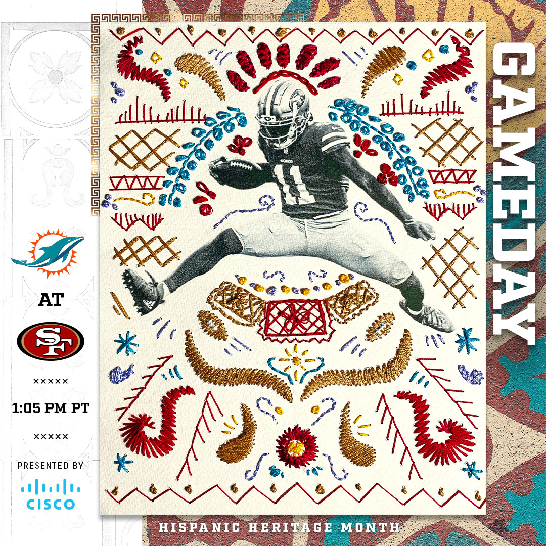 Celebrating Hispanic History Month with this week's gameday embroidery. Shoutout to @Mat_Nodnarb on the illustration and challenging me with one of the more complex embroideries so far

¡Vamos 49ers!