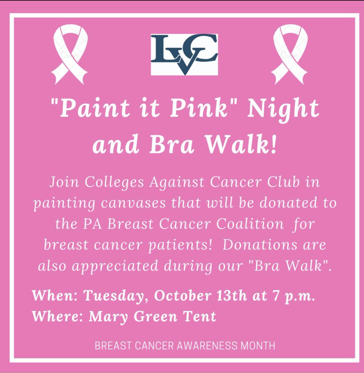 LVCRelay4Life's tweet image. Come support the Colleges Against Cancer service event this Tuesday October 13th!💗🎀