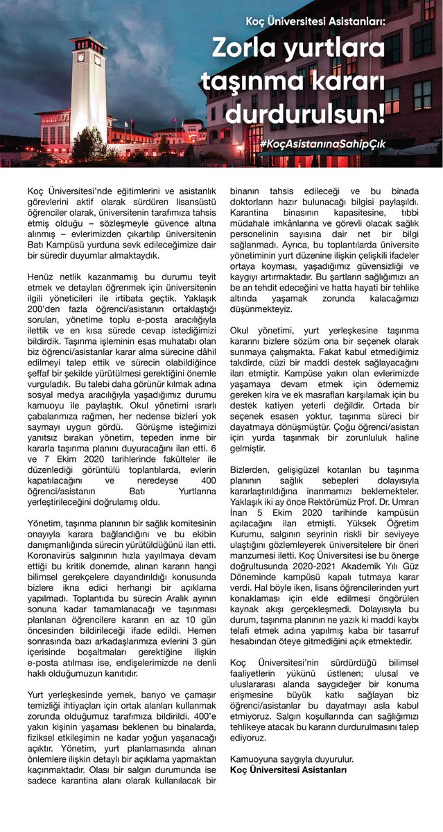 Zorla yurtlara taşınma kararı durdurulsun! 

#KocAsistanınaSahipCık #KoçÜniversitesi
<a href="/kocuniversity/">Koç Üniversitesi</a>