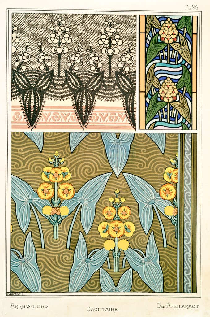 9/ Art Nouveau flower and plant designs from 1896."Arrow-head". Image 1 and 2 by M.P. Verneuil. Image 3 by Anna Martin.