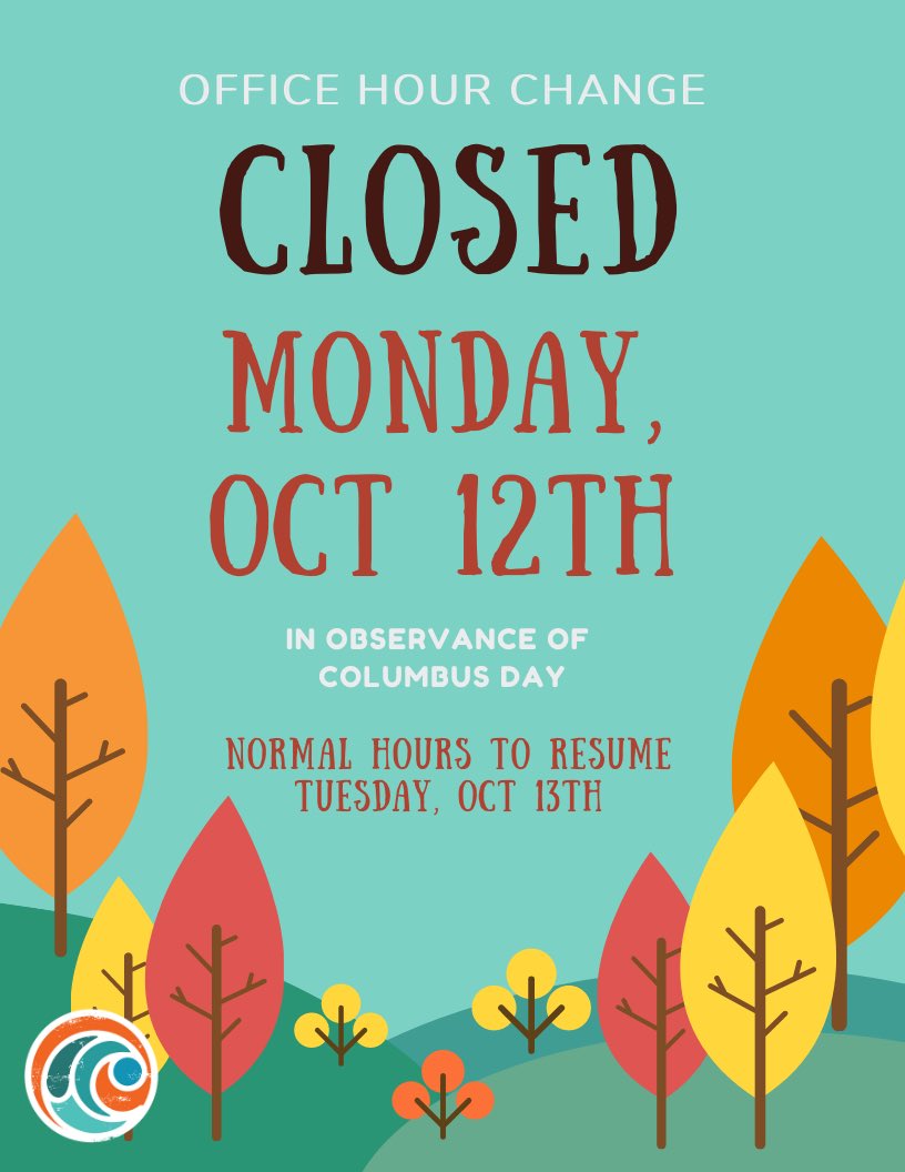 COADA_CB's tweet photo. Reminder: Our offices will be closed tomorrow, October 12, in observance of Columbus Day. 

Regular hours will resume the following day, Tuesday October 13. https://t.co/2Bfoovweyd