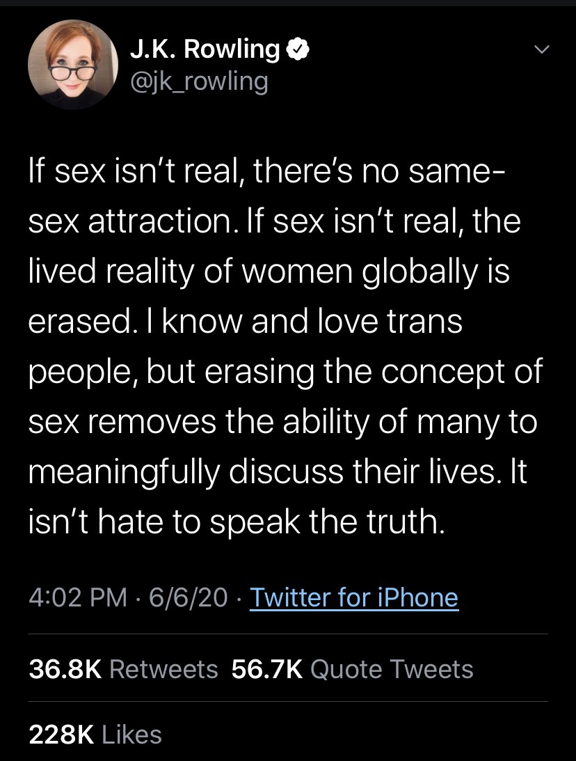 And the reason that this tweet by  @jk_rowling has so much significance to me is because biological sex is a foundation of my same sex attraction of being a homosexual female. Gender expression has nothing to do with sexual orientation. Biological sex does. Thank you Joanne 