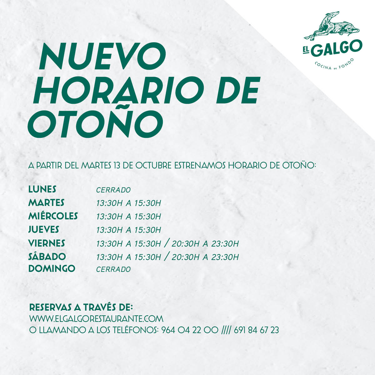 elgalgoelche's tweet photo. ➡️➡️ A partir de esta semana estrenamos horario de otoño. 

📞 Os recordamos que podéis hacer vuestras reservas en nuestra web -www.elgalgorestaurante.com-, a través de redes sociales y de nuestros teléfonos 964042200 y 691846723. https://t.co/epcdQKOPLS