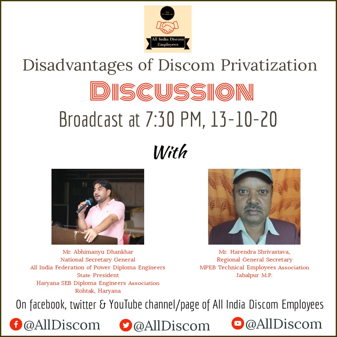 AllDiscom's tweet photo. 13-10-20, 7:30 PM Live Broadcast Streaming
Links to watch it live
Facebook~ https://t.co/7cY0M3N7gB
YouTube~ https://t.co/gjHh6rNEMp
Twitter~ https://t.co/pxO88USrdN
Please join us live as per schedule. https://t.co/DhDch0F1g2