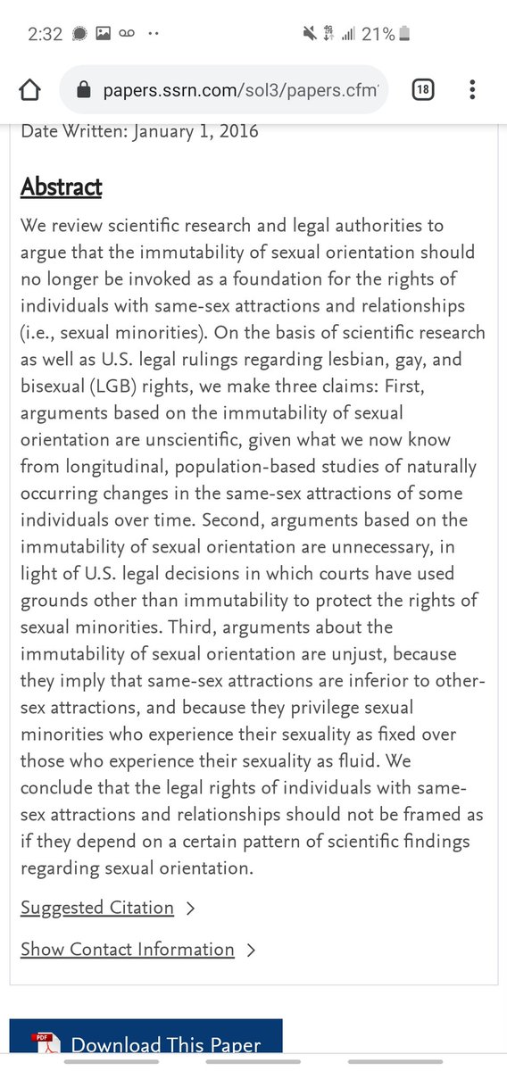 The paper is spectacular. Here's the abstract. "We conclude that the legal rights of individuals with same-sex attractions and relationships should not be framed as if they depend on a certain pattern of scientific findings regarding sexual orientation."