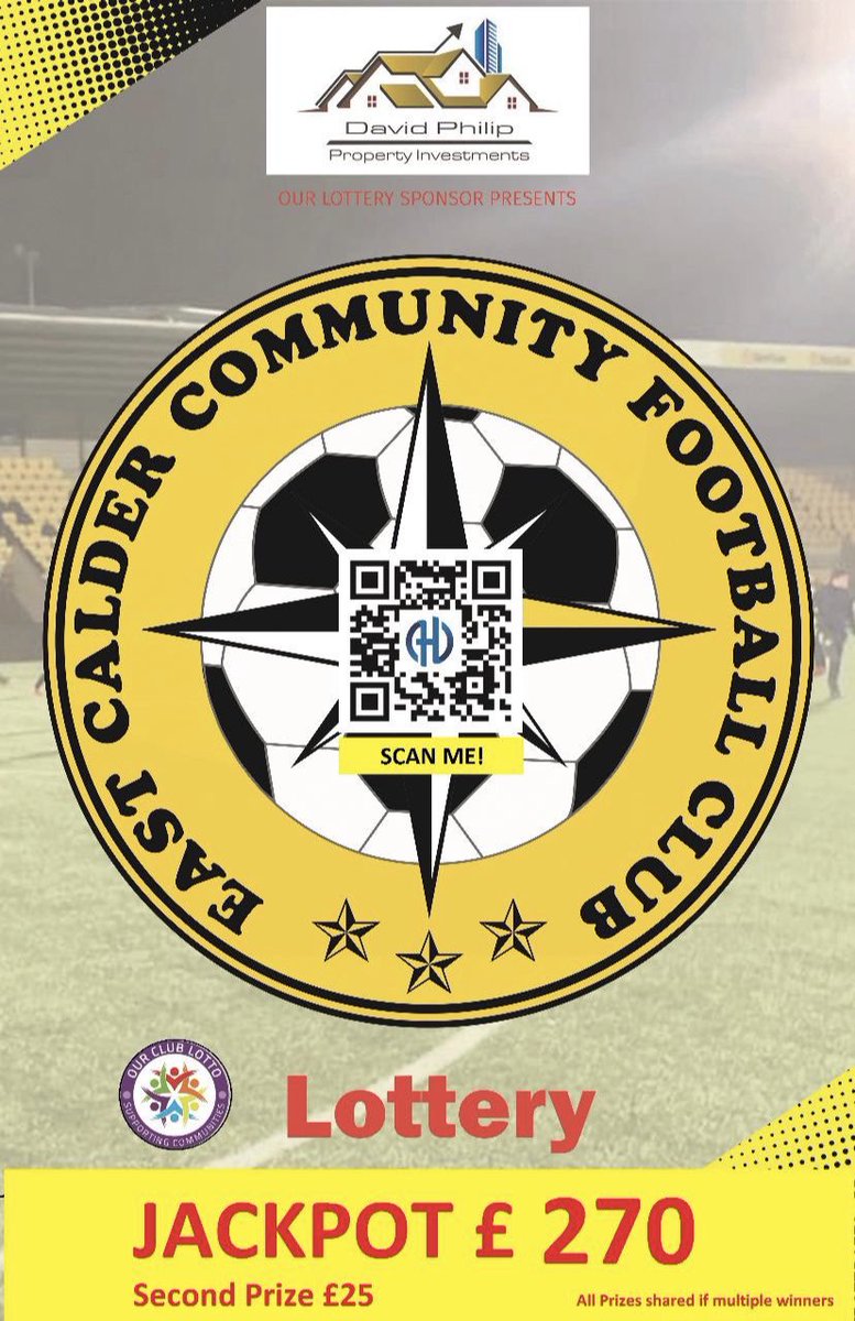 EastCalderCFC's tweet photo. Now that everyone is stuck indoors why not use some of the saved £s and help support our local community football club through this difficult period.This weeks jackpot is now £270. It’s really easy to play. Simply use the link or scan the QR code.    🖤💛https://t.co/VjpSbcGEG5 https://t.co/O2Px99dmJ6