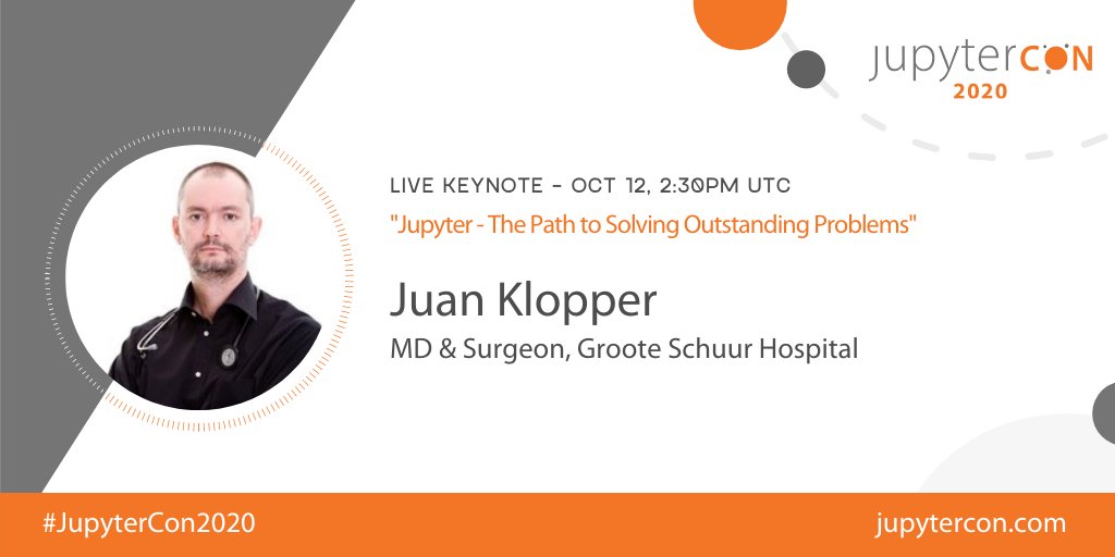🚨 Upcoming Keynote: Juan Klopper (@docjuank) 🚨
'Jupyter - The Path to Solving Outstanding Problems'

*LIVE* Monday, Oct 12 at 2:30pm UTC / 10:30am EDT

Tickets for #JupyterCon2020 still available at:
jupytercon.com

Talk info:
cfp.jupytercon.com/2020/schedule/…