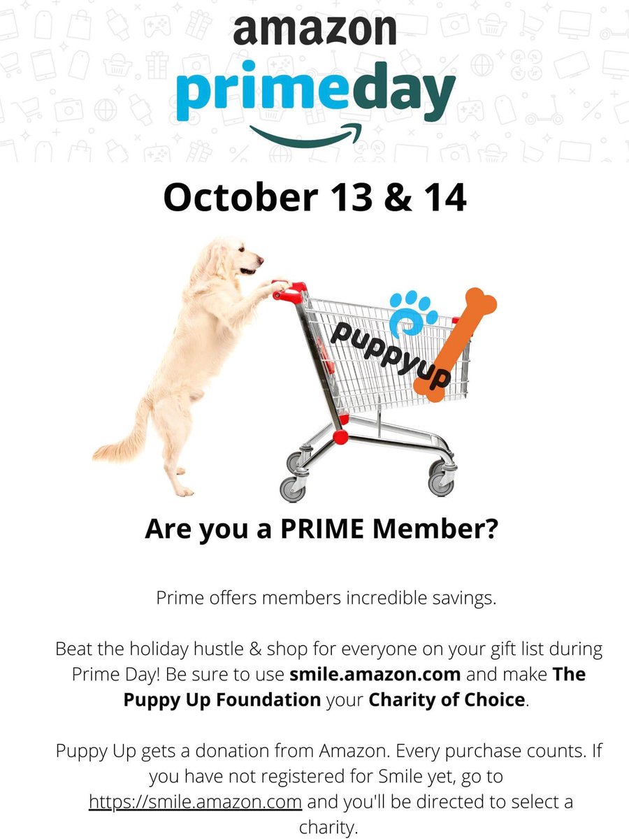 Amazon Prime days are coming up in a few days! We would love to be your charity of choice. smile.amazon.com This is an easy way to support <a href="/PuppyUpOrg/">Puppy Up Foundation</a> and get your shopping completed at the same time! Be a cancer fighting superhero on Prime Days! #AmazonPrimeDay #puppyup