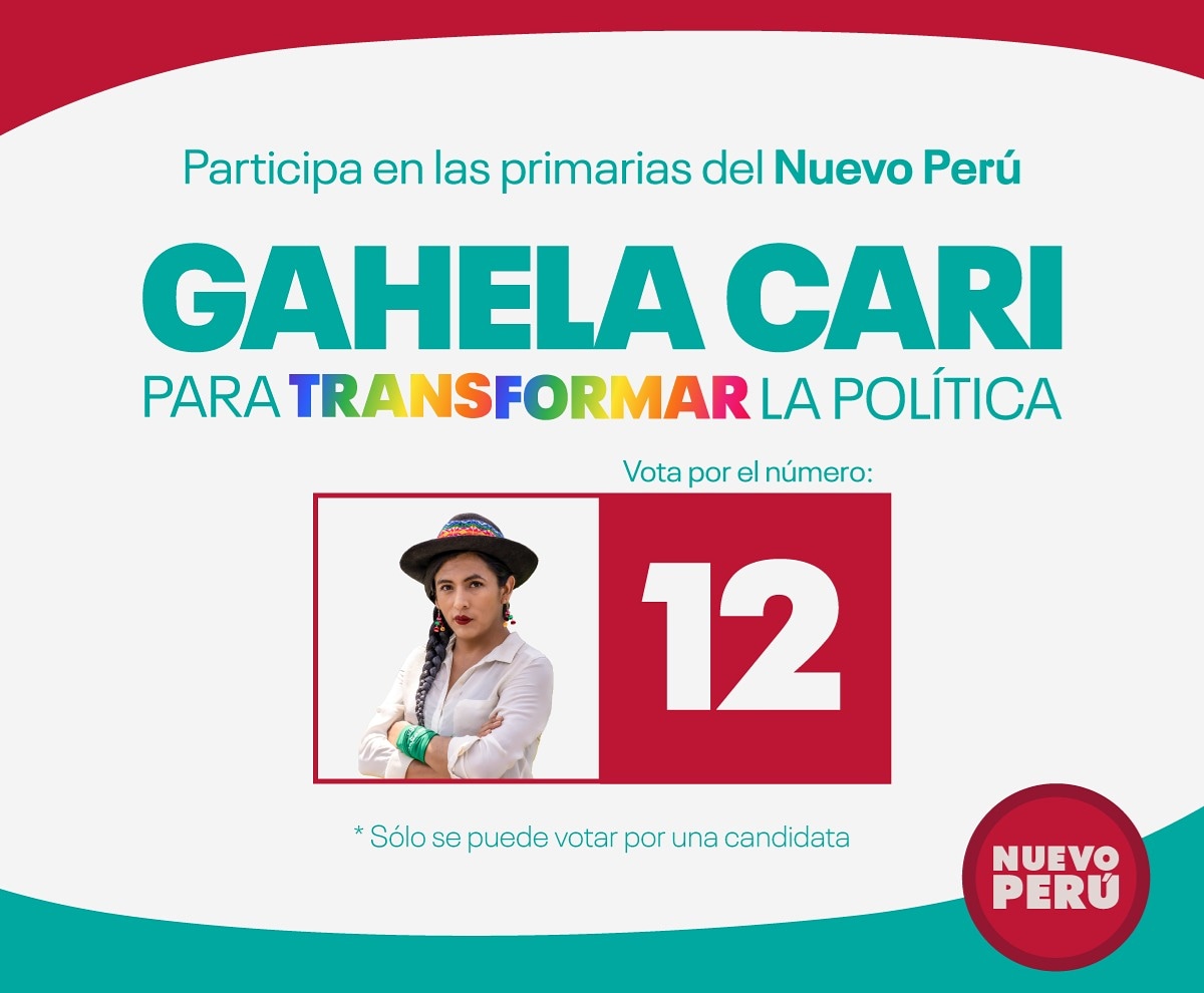 Gahelatrans's tweet photo. Este sábado 17 de octubre se realizarán las elecciones primarias del @NuevoPeruMov. Marquemos el número #12 para TRANSformar la política. 🏳️‍🌈

Para participar, regístrate aqui: https://t.co/MY25PWHONh

‼SÓLO SE PUEDE VOTAR POR UN SOLO CANDIDATX. 

#GahelaAlCongreso2021 https://t.co/buMIuC1dro