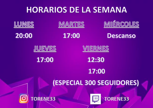 Torene33's tweet photo. 🗓️HORARIOS PARA ESTA SEMANA🗓️
Cómo ya os había dicho que habría una sorpresa... 
¡¡EL VIERNES STREAM ESPECIAL 300 SEGUIDORES!!

Para dejaros con las ganas, a mitad de semana os diré TOOOOODOOOO lo que va a pasar el viernes. 

Nos vemos mañana!!💥 https://t.co/TXPPZEjgW7