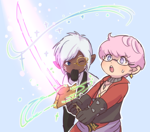 weapon sword pointy ears pink hair white hair lalafell gloves  illustration images