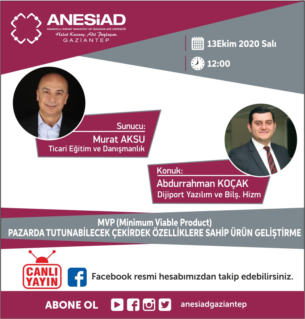 CANLI YAYIN ❗️

Konu: MVP (Minimum Viable Product)
Pazarda Tutunabilecek Çekirdek Özelliklere Sahip Ürün Geliştirme

🗓 13 Ekim 2020 Salı

⏰ 12:00

Programı facebook resmi hesabımızdan takip edebilirsiniz.

#anesiad #helalkazanç #MVP #MinimumViableProduct #ÜrünGeliştirme