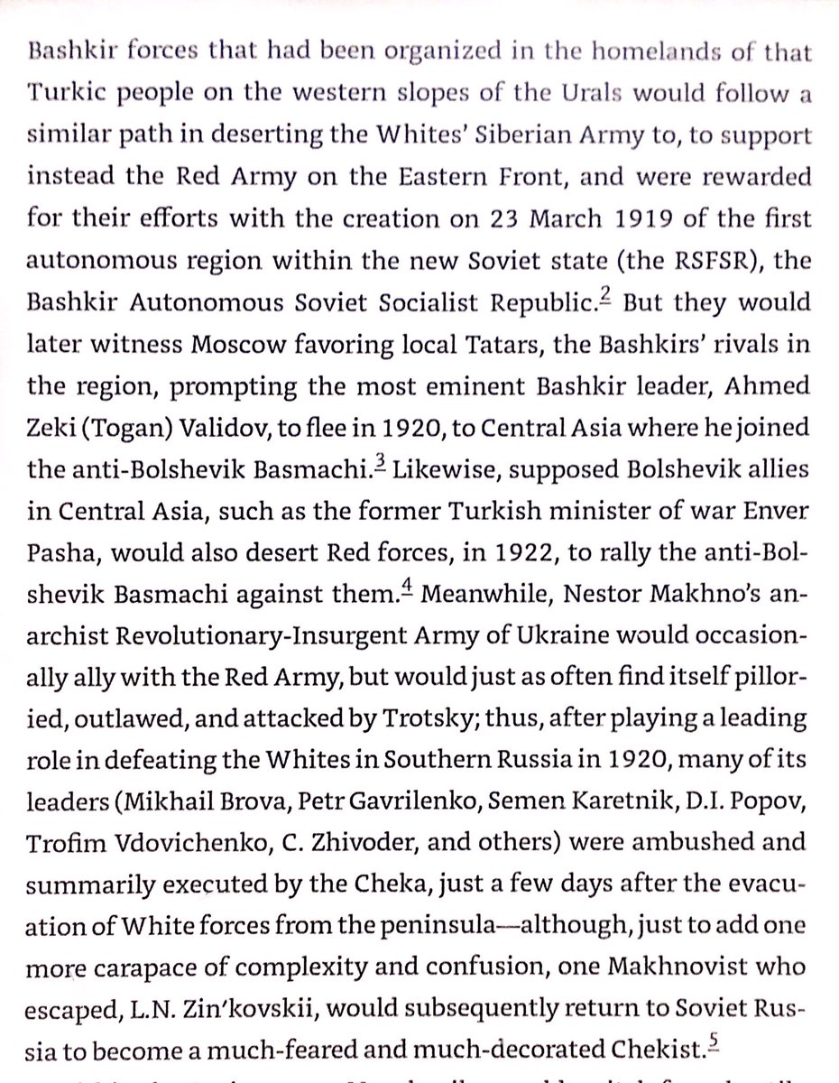 Bashkirs defected to Bolsheviks in February 1919, & were rewarded with the first autonomous republic in Soviet Russia. In 1920, after Bolsheviks favored Tatars, Bashkir leader fled to C Asia to join Basmachi.