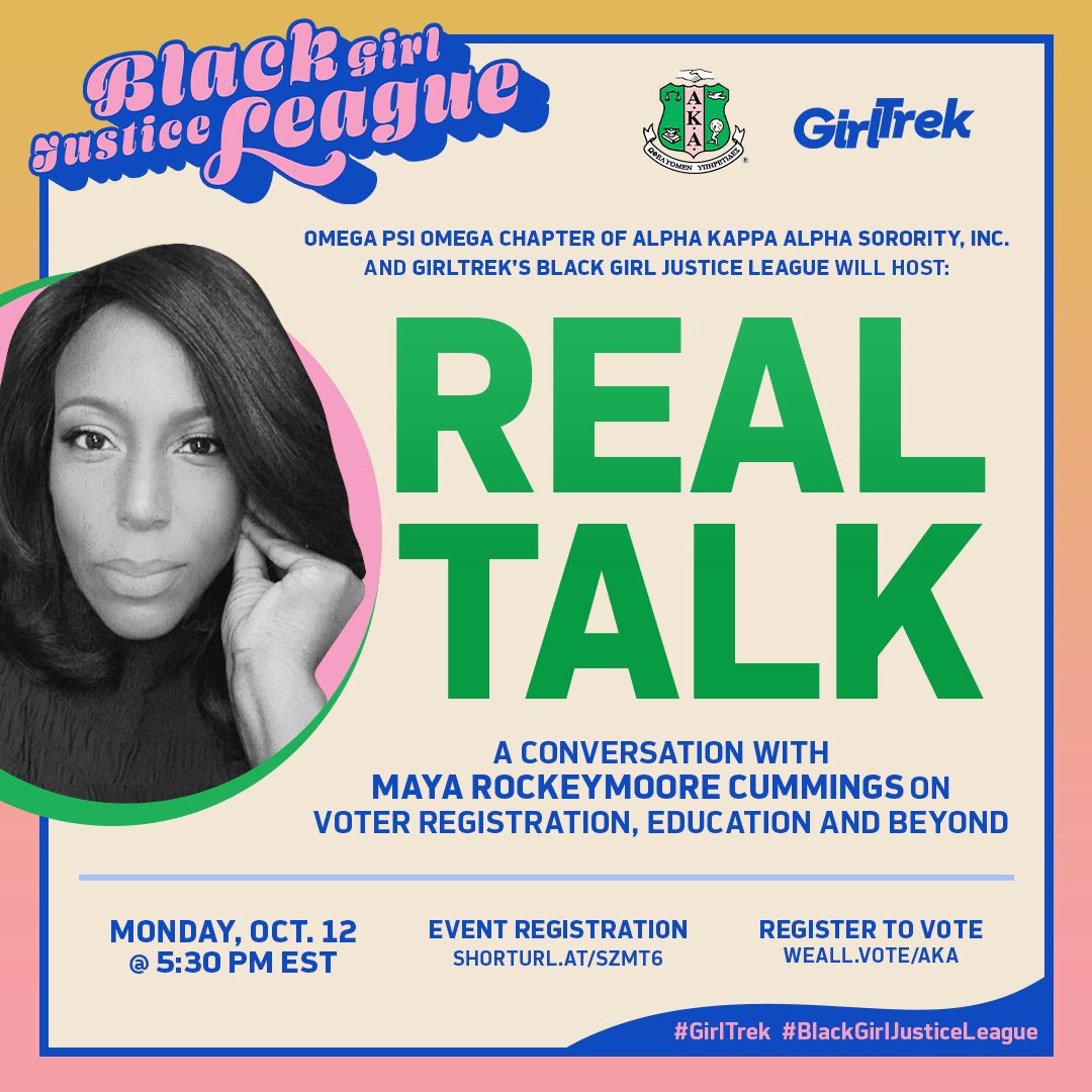 omegapsiomega08's tweet photo. Your vote matters! Join us, @blackgirljusticeleag, @girltrek and @whenweallvote for a virtual voter education/registration drive featuring Maya Rockeymoore Cummings, political strategist. Learn the importance of being an informed voter in 2020 and beyond.
#OmegaPsiOmega
#AKA1908 https://t.co/CwHh7LBwp4