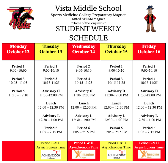 vistamiddle's tweet photo. โ
Vista Students' Schedule โฐ- Week of Oct. 12-16, 2020 #AttendanceCounts #AttendanceMatters #SMARTGoals #Punctuality #Synchronous #Asynchronous #Learning #SMARTchoices #SMARTgoals #VistaRocks
@mspdamonte More Info: https://t.co/KBY5xYH3qR https://t.co/VbIJxlQ14M