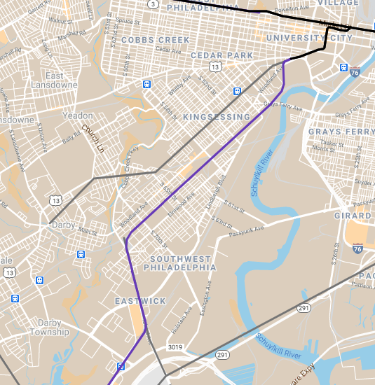 But viewed within the network, the 11 is much more -- Woodland Ave is the major spine for SW Phila, with the most direct and full-time service to Darby TC. An elevated extension, from Locust St, was a perennial plan, even surviving postwar as a trolley tunnel extension 4/