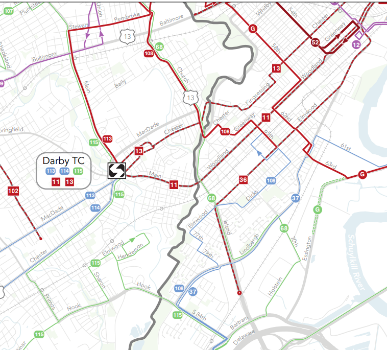 But viewed within the network, the 11 is much more -- Woodland Ave is the major spine for SW Phila, with the most direct and full-time service to Darby TC. An elevated extension, from Locust St, was a perennial plan, even surviving postwar as a trolley tunnel extension 4/