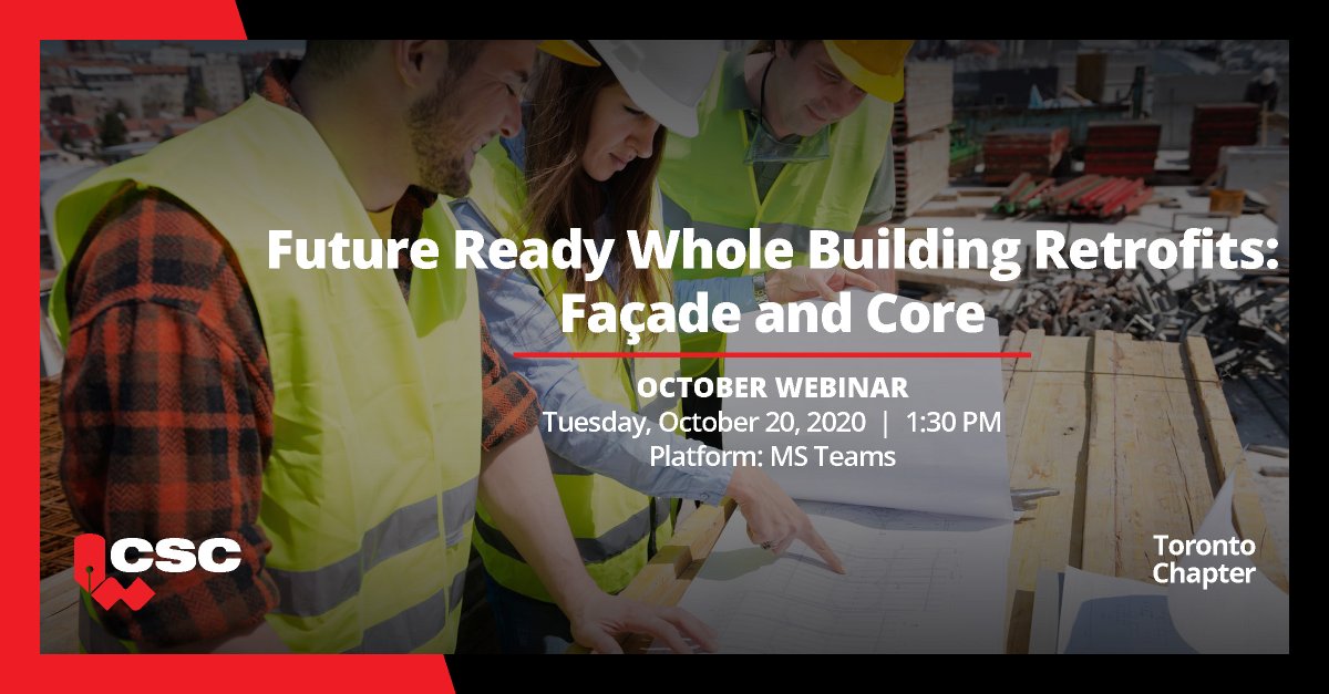 CSCToronto's tweet image. Join us Oct. 20th at 1:30 PM for our Oct. Social &amp;amp; Webinar. Future Ready Whole Building Retrofits: Façade and Core with Scott Armstrong &amp;amp; Hannah Thevapalan.
$10 (members). $15 (non-members). FREE (students)
karelo.com/register.php?B…
#CSCToronto #construction #retrofit #FutureReady