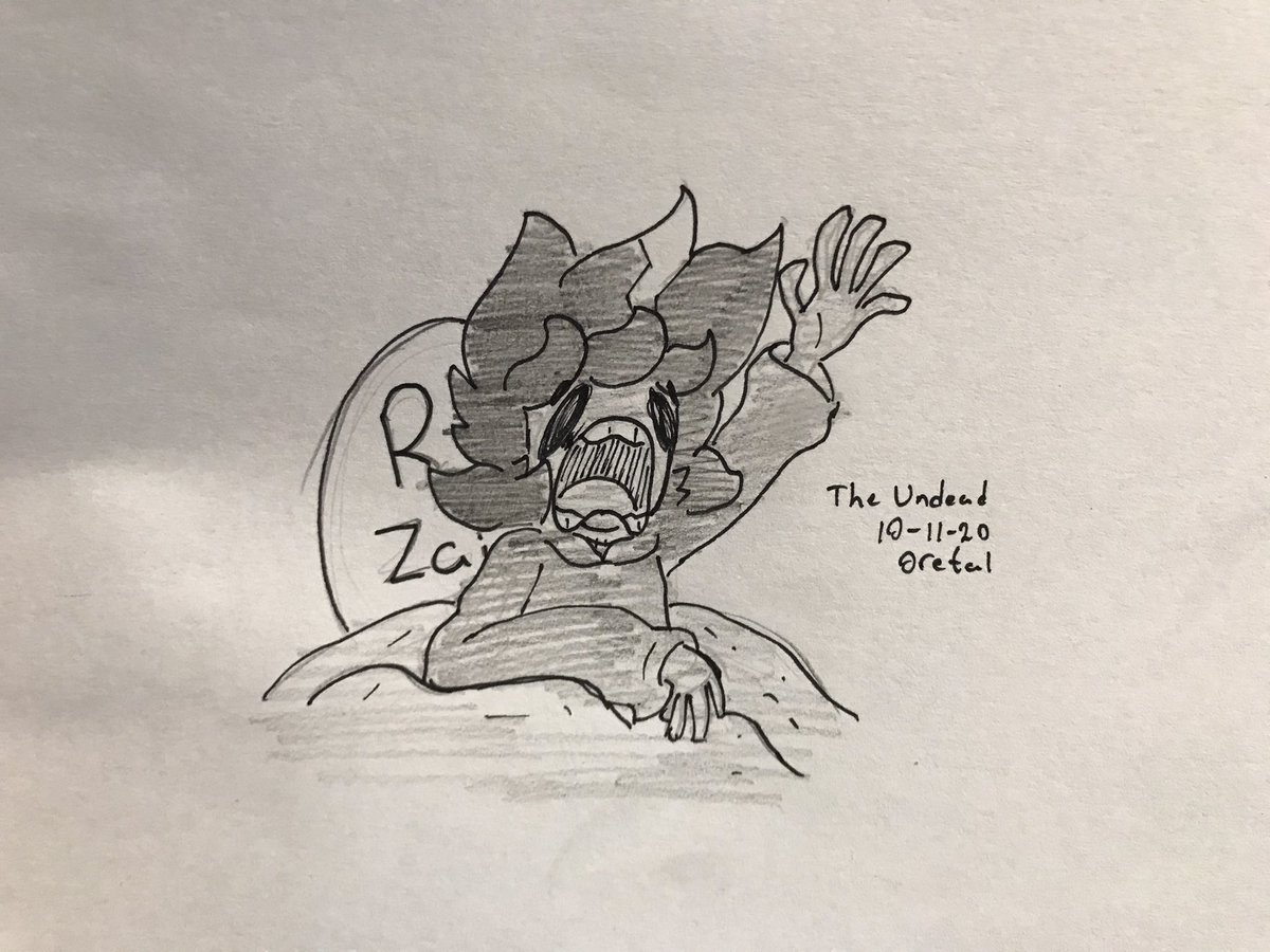 Zain is a zombie with big hair. It splits into three fluffy spikes on the top and pokes out on the sides and onto his face. His hair has a white strip on the top middle spike. He has a sweater as well.

In this piece he’s coming out of the ground with his left arm reaching up with his mouth open. Behind him is a tomb stone saying “R.I.P Zain”