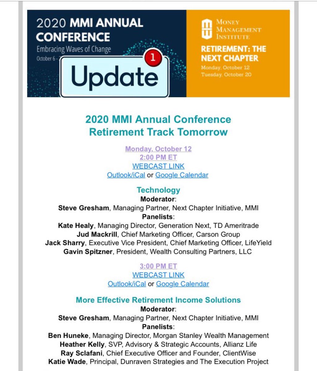 Looking forward to sharing updates on #NextChapter /#MMIAnnualConference Retirement Track tomorrow, covering Technology along with @thegreshamco @KateHealy_TDA @JudMackrill @JackSharry52 

@mminst #financialwellness #advicetech #longevityplanning