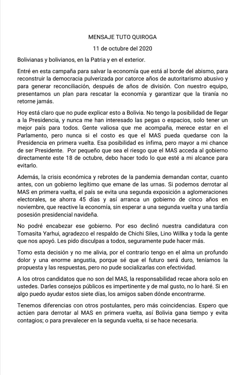 tutoquiroga's tweet photo. Mi mensaje a #Bolivia, camino a las elecciones del 18 de octubre:
https://t.co/U3Z4OpXhZU https://t.co/pSix9By5UC