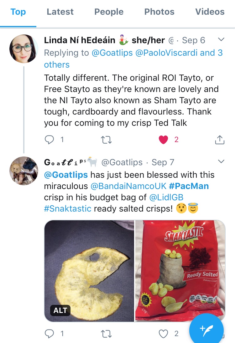 GoatIips's tweet photo. @KeeperNH @NMIreland Coincidentally, I replied to @LindaOkaythen's #CrispDebate post &amp; again when I discovered an @officialpacman crisp later. Now I notice she does the @pacwomanpod 👻. I also noticed afterwards that the @LidlGB #Snaktastic crisps are made in #Tallaght 🤯
OK, it's not that amazing 😅 https://t.co/dFvTNzo2bu
