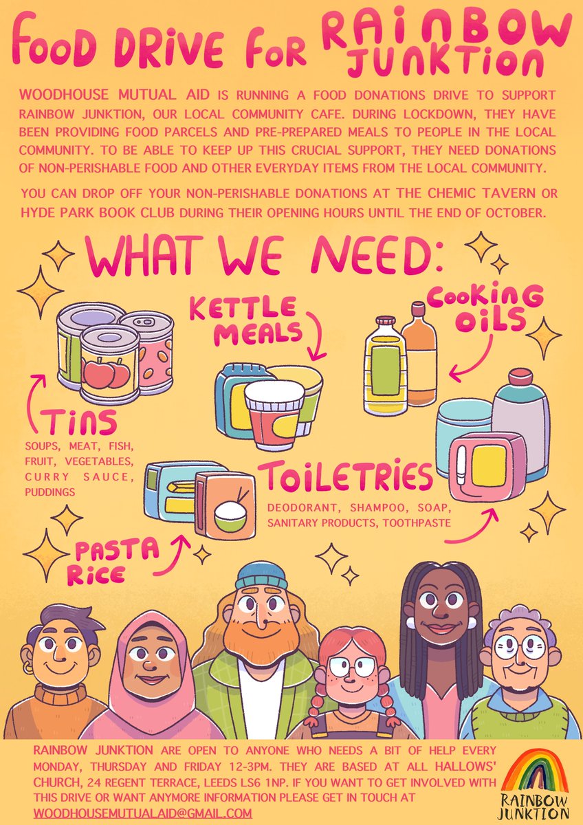 Hi @UniversityLeeds students! Restrictions willing, from 12th-31st October, we're running a community food drive for @RainbowJunktion! Donate your sealed non-perishable goods at one of our local drop off points and support your local community🌈@LeedsUniUnion @LUUAdvice @LeedsRAG