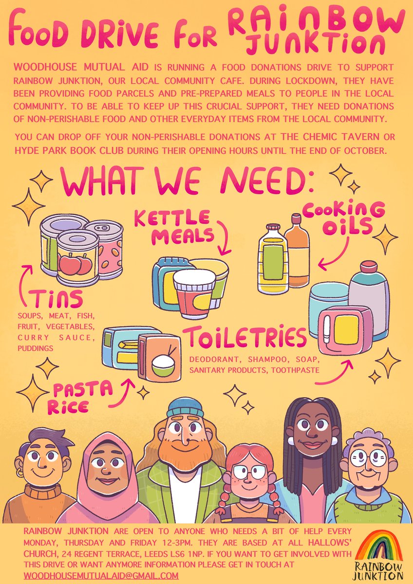 Hi @LeedsArtsUni students! Restrictions willing, from 12th-31st October, we're running a community food drive for @RainbowJunktion! Donate your sealed, non-perishable goods at one of our local drop off points and support your local community #mutualaid #communityaction #leeds