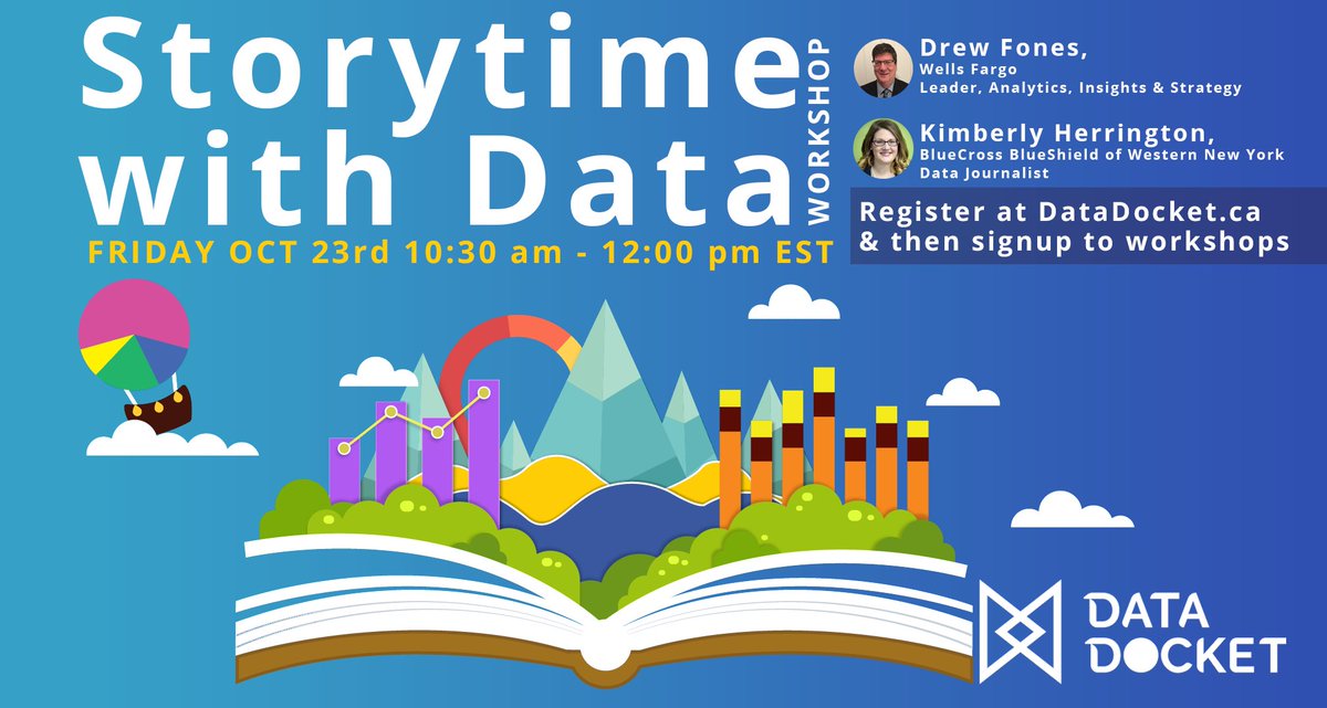 data_docket's tweet photo. Join DataDocket for our newest online workshop on October 23rd. We have Drew Fones (Wells Fargo) and Kimberly Herrington (BlueCross BlueShield) showing you how to tell a story with Data. Join the DataDocket Community at https://t.co/IqpHaW2C98 and enroll in any of our workshops! https://t.co/61Fc7Uktdz