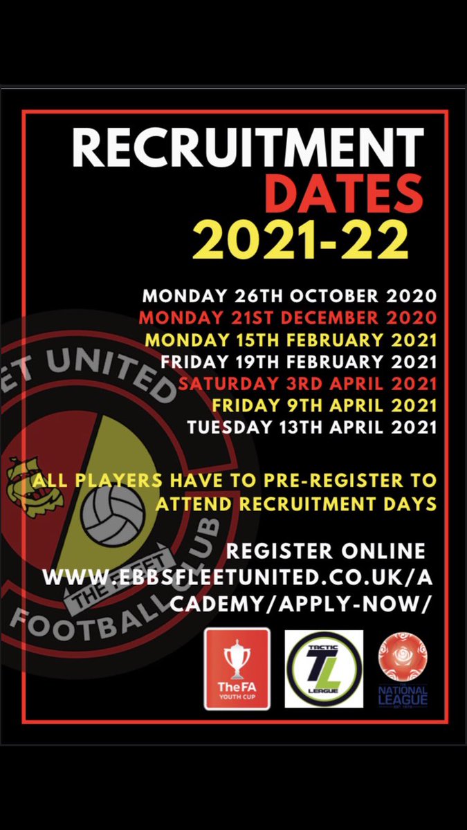 Recruitment | <a href="/AcademyEUFC/">Ebbsfleet United Academy</a> Are you 16-18 ✅ Wish to combine ⚽️📚✅ Be Coached by UEFA A Coaches ✅ 🙋‍♂️Individual Development Plans ✅ Compete in <a href="/FAYouthCup1415/">FA Youth Cup</a> <a href="/nationallgeU19/">NL Under 19 Alliance</a> <a href="/TacticLeague/">Tactic League</a> ✅ Have realistic ⚽️ &amp; Uni Pathways ✅ Register today ebbsfleetunited.co.uk/academy/apply-…